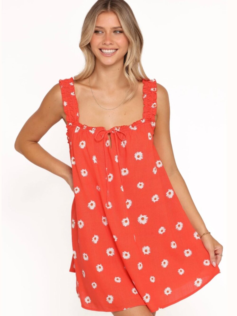 Petal + Pup Hyacinth Linen-Blend Mini Dress in Red Daisy Meadow NEW